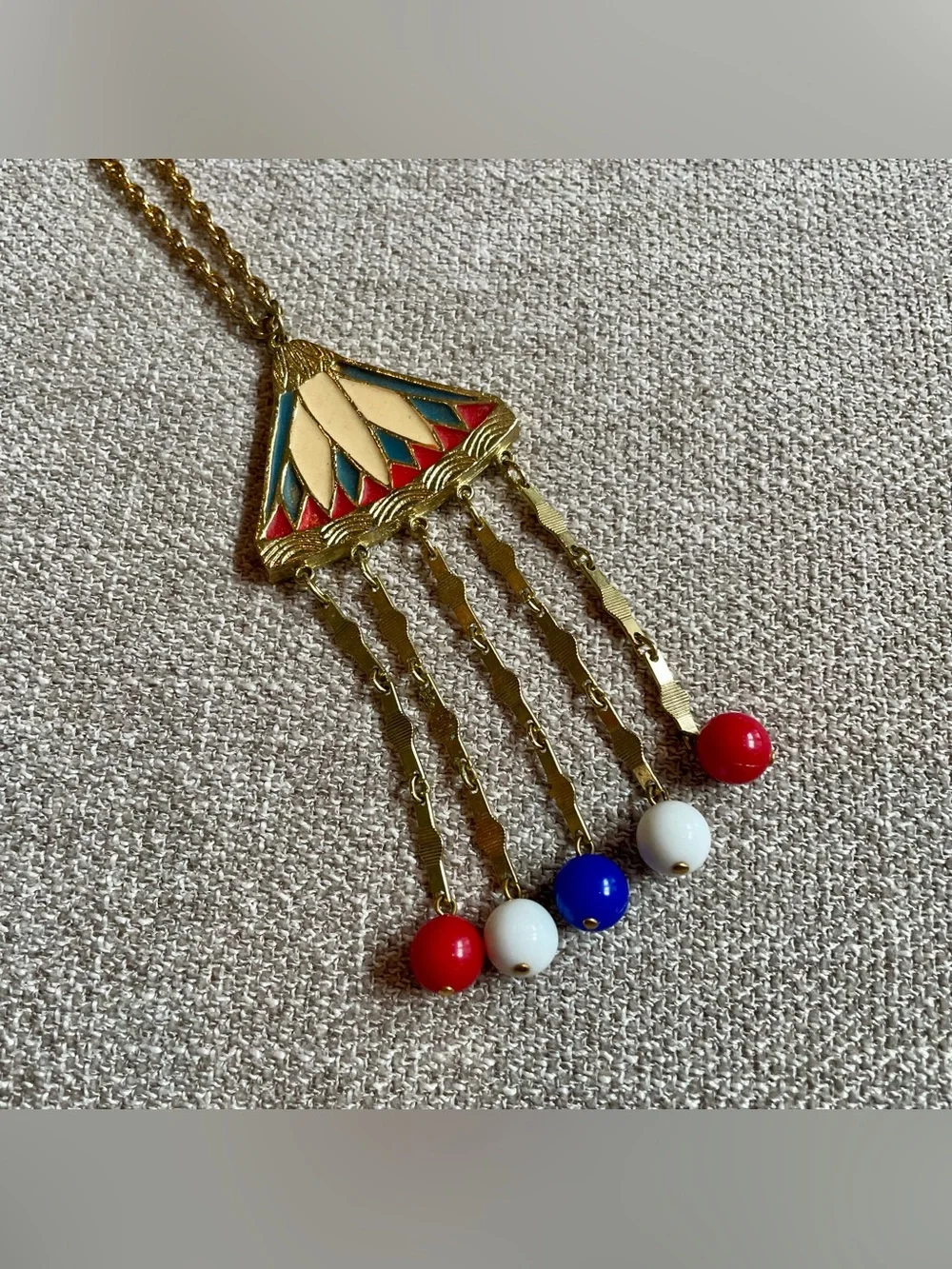 Vintage 1976 Bicentennial Gold Tone Red White Blue Statement Pendant Necklace
